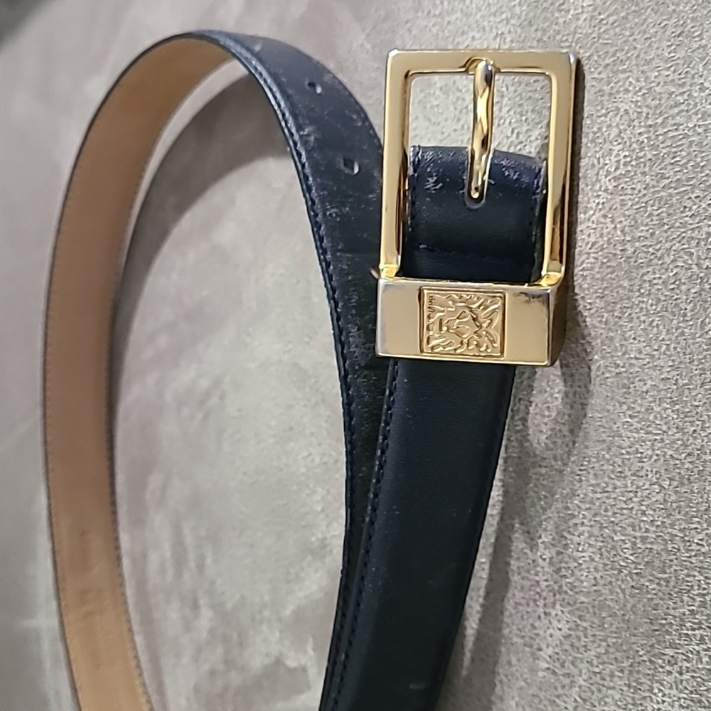 Vtg Anne Klein Genuine Leather Blue Belt Gold Buckle‎ Size Small